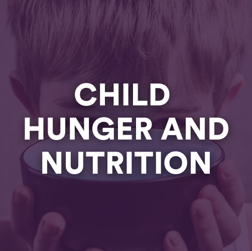 Child Hunger and Nutrition graphic showing little boy holding a bowl of food.
