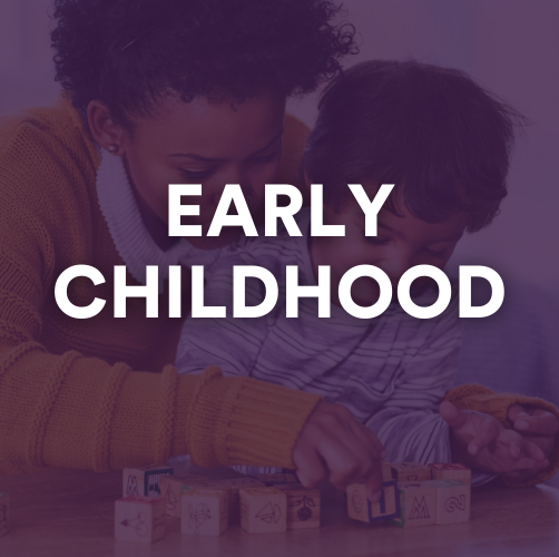 Early Childhood graphic showing mom playing with blocks with young boy.
