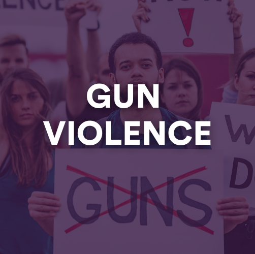 Gun Violence graphic showing group of young people protesting guns.