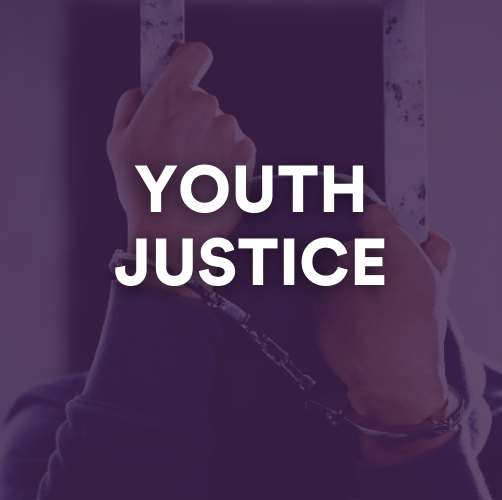 Youth justice graphic showing hands in handcuffs wrapped around metal bars. 