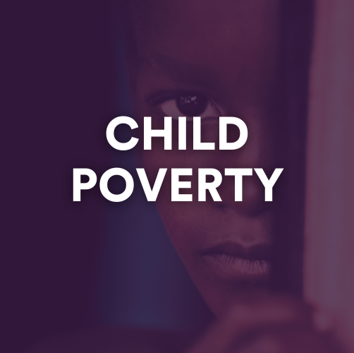 Child Poverty graphic showing little boy looking at camera. 