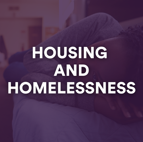 Housing and Homelessness graphic showing young person sleeping on a cot.